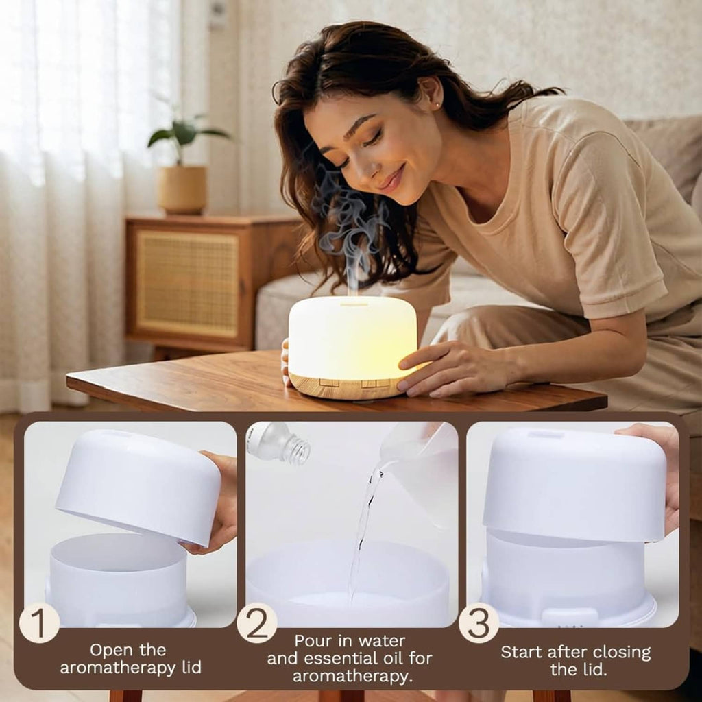 Essential oil diffuser with warm light, showing lid open and water pour steps