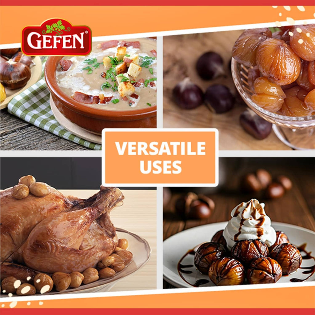 Roasted organic chestnuts shown with various prepared dishes in bowls