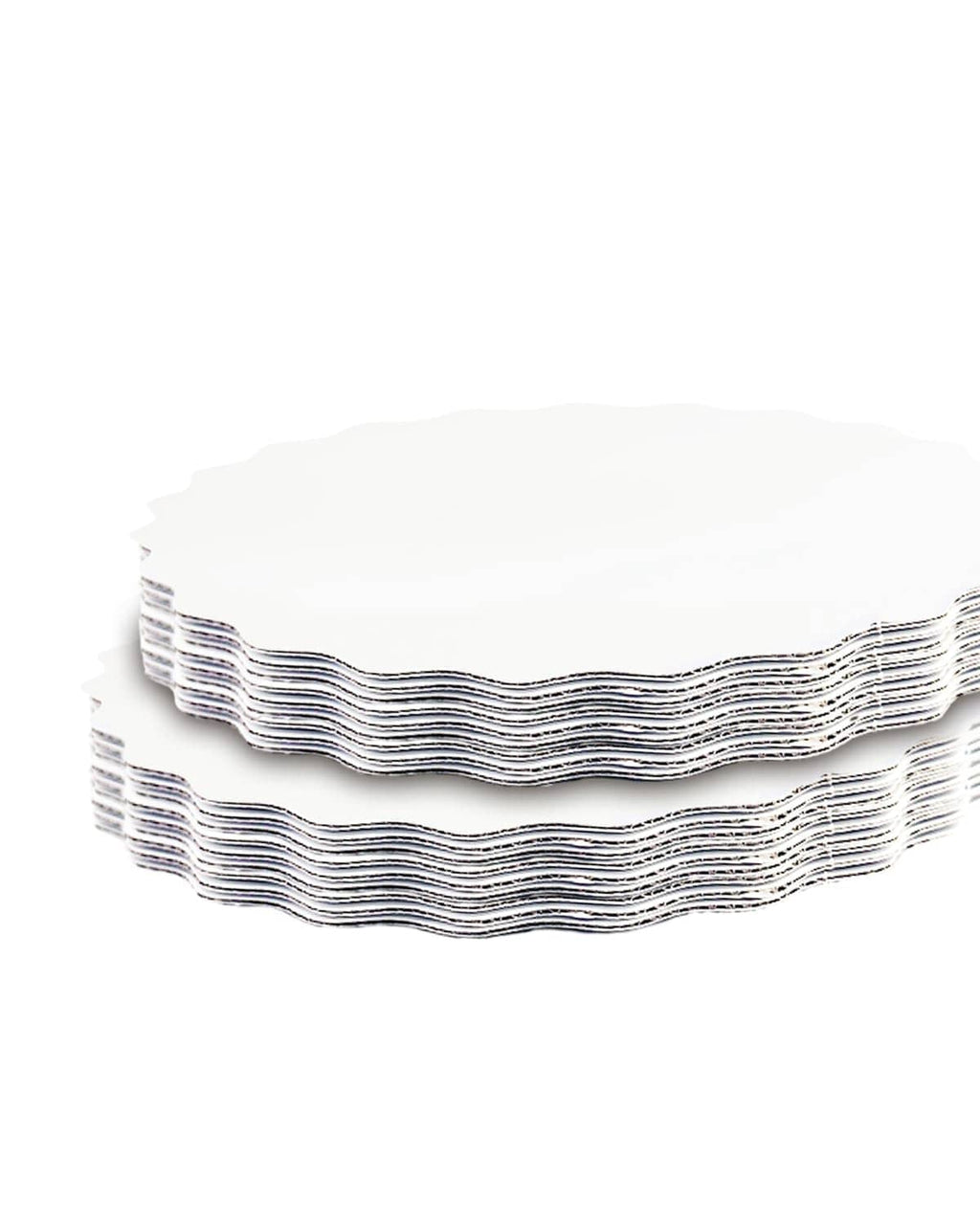Two-layer stack of white round wave cake boards with scalloped edges
