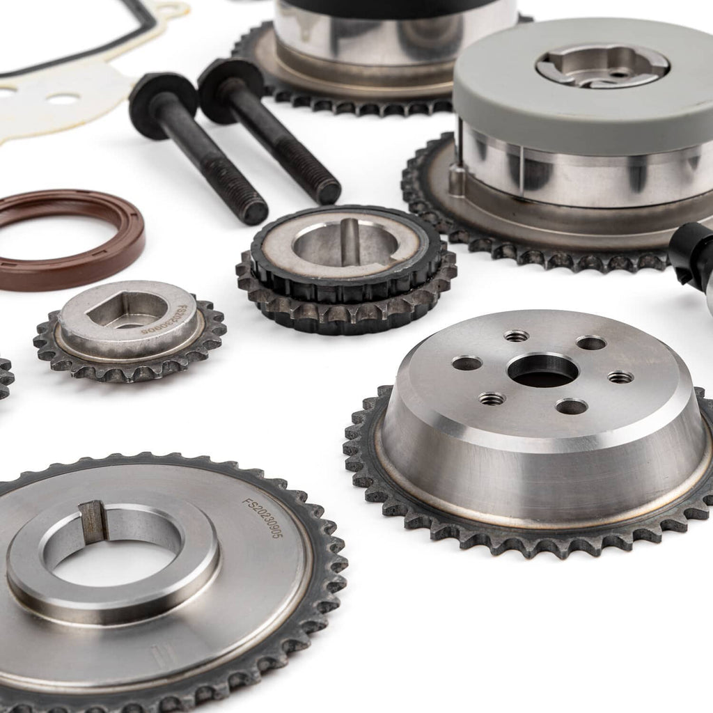 Timing chain kit with metal sprockets, chain gears, and small pins