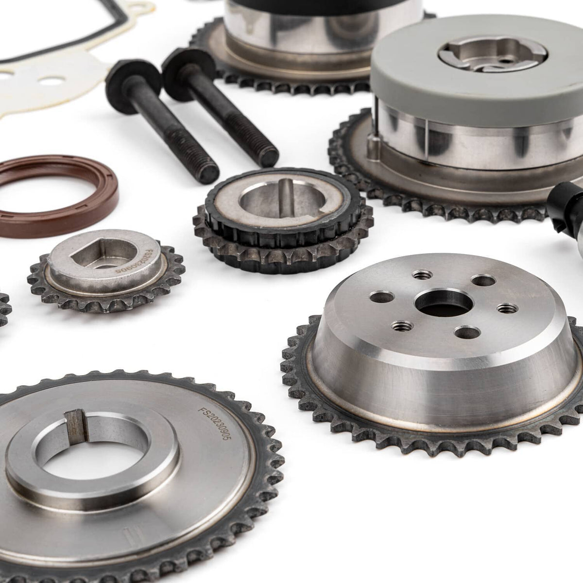 Timing chain kit with metal sprockets, chain gears, and small pins