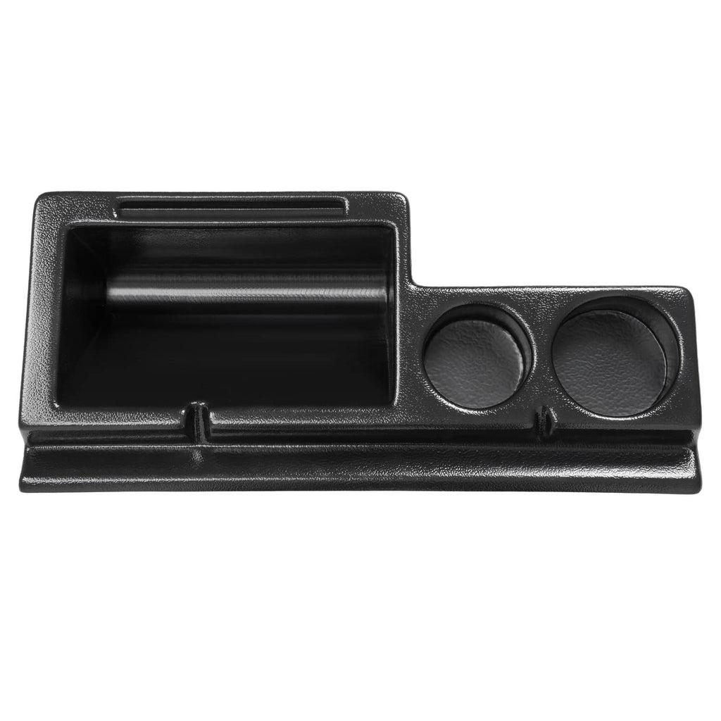 Black cab caddie with open storage bin and two round beverage holders
