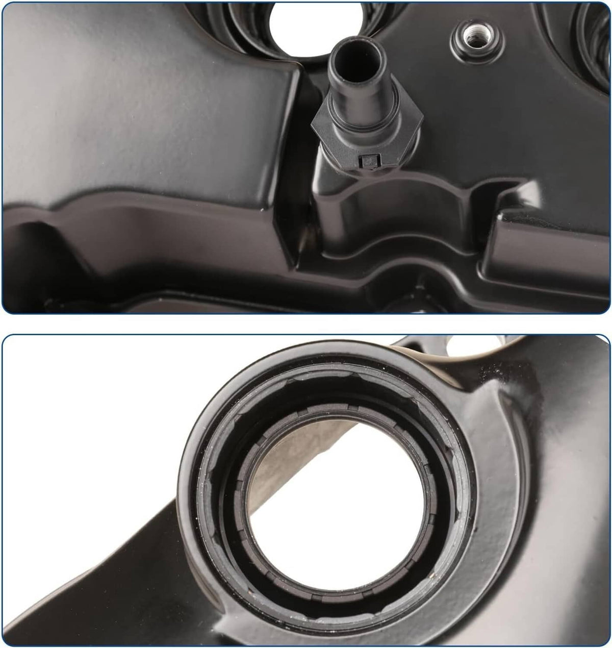 Black valve cover corner with threaded port and circular seal opening detail
