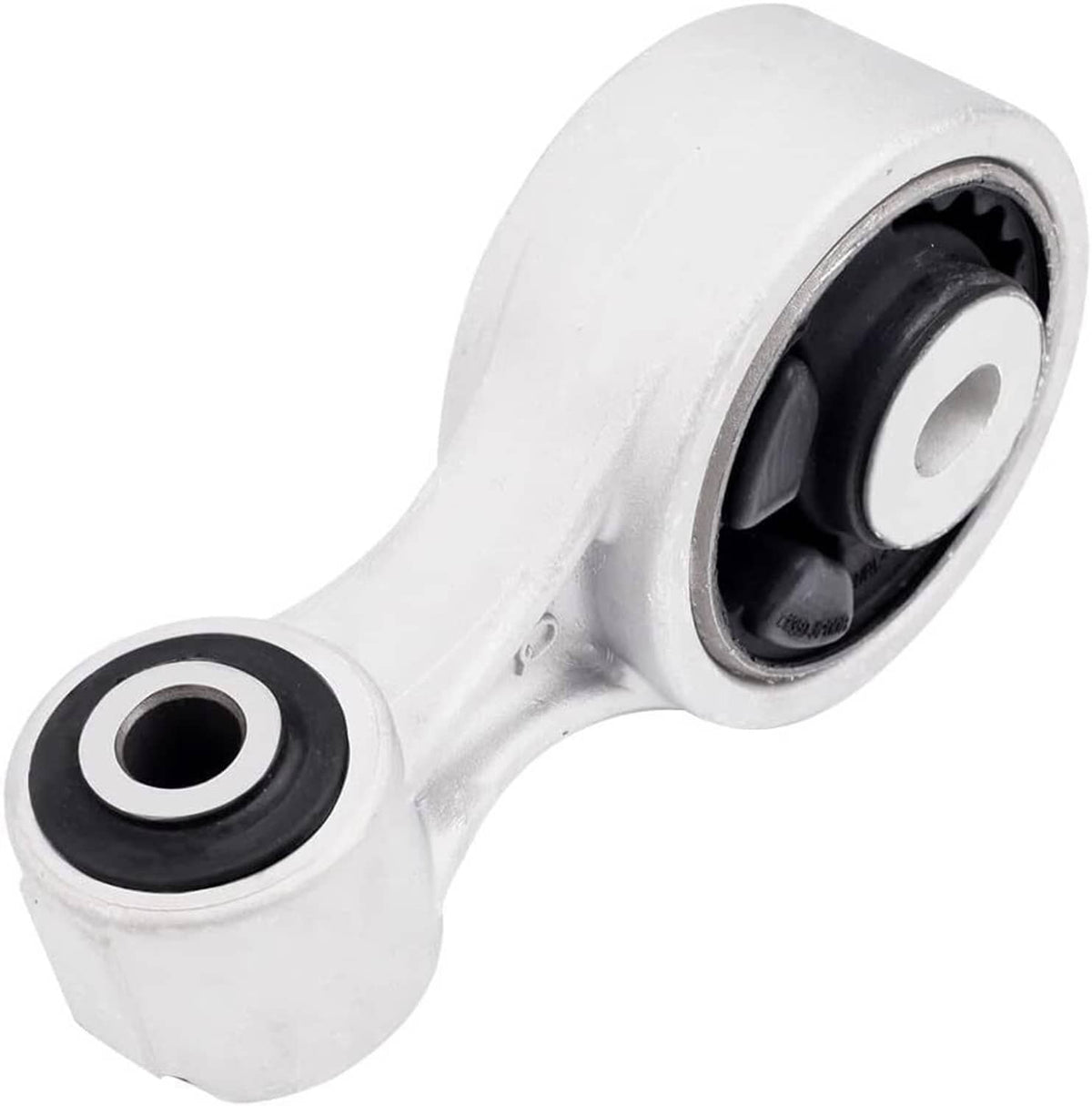 Front engine torque strut mount with black bushing and silver metal bracket