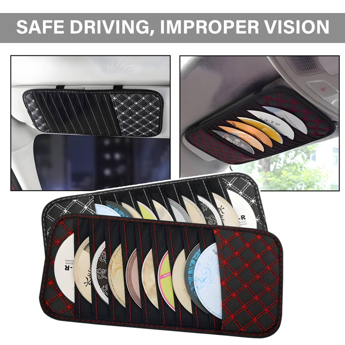 Car visor CD organizer case holding stacked CDs, black-and-red plaid design