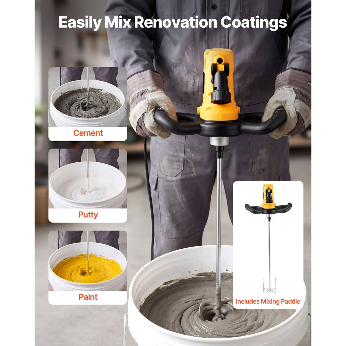 Electric mixer trowel with yellow motor, mixing paddle, and mixing rod