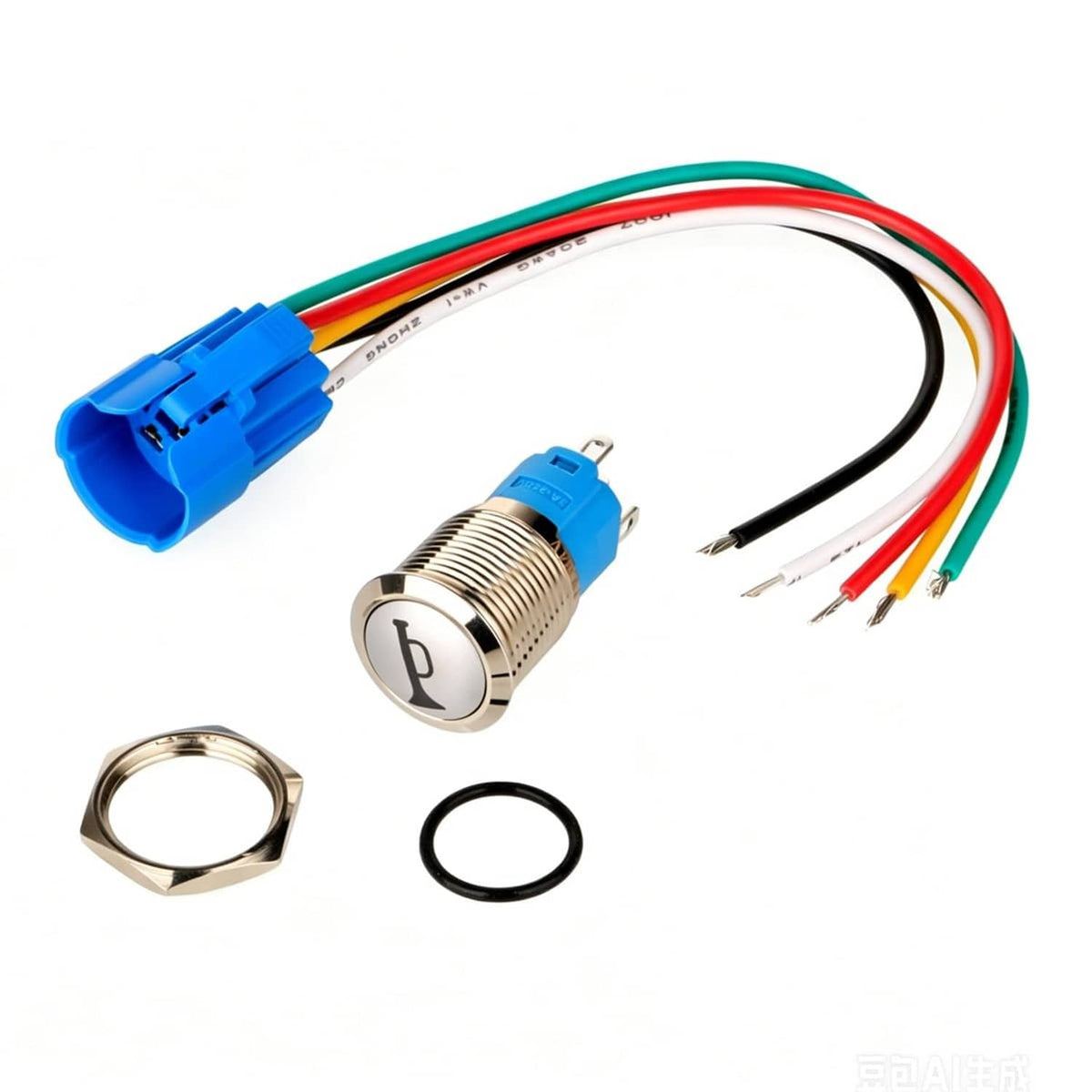 Momentary horn push button with blue connector, silver bezel, and pre-wired leads