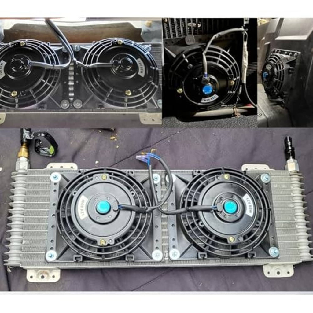 Dual 6-inch radiator cooling fans installed on radiator with fan wiring and blue-tipped leads