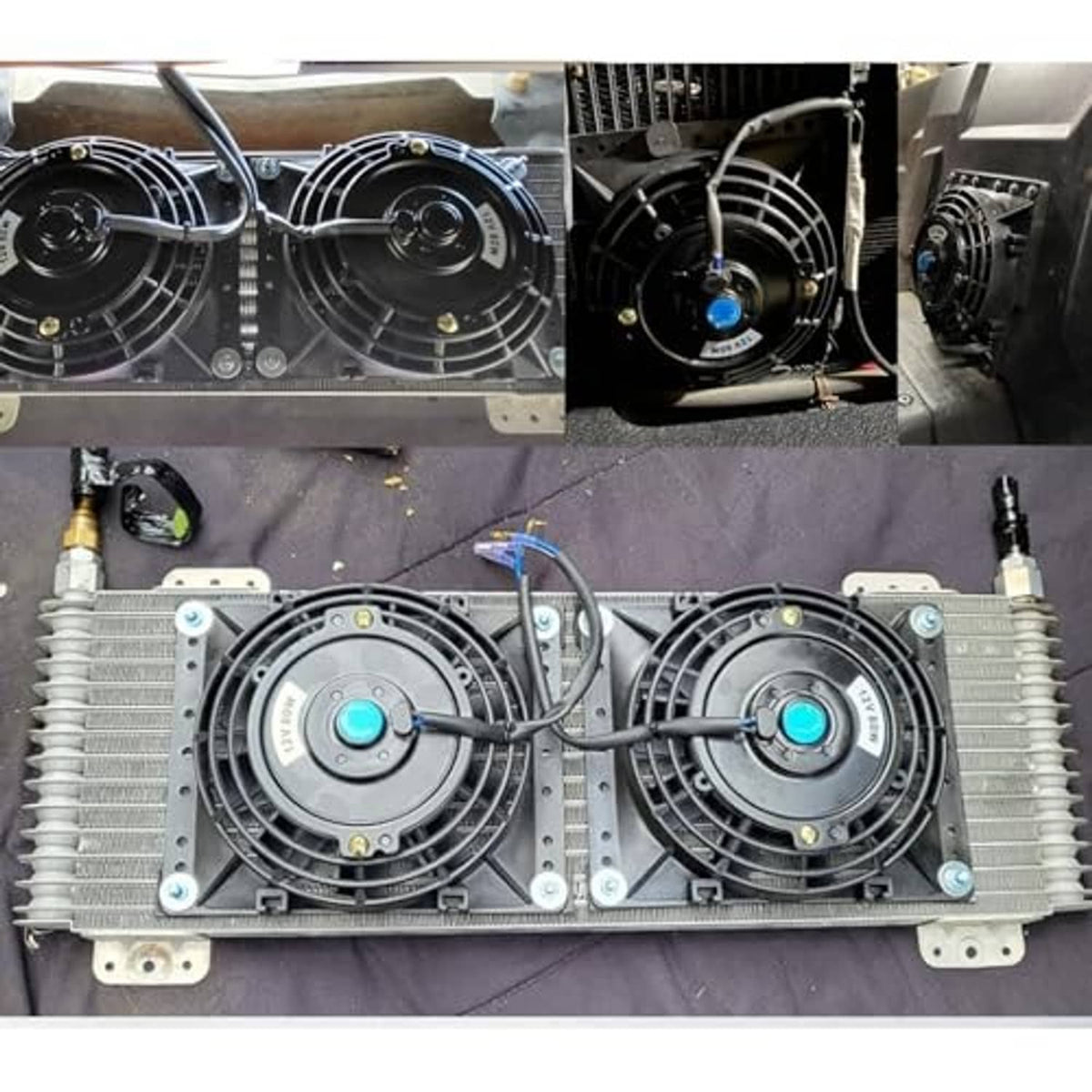Dual 6-inch radiator cooling fans installed on radiator with fan wiring and blue-tipped leads
