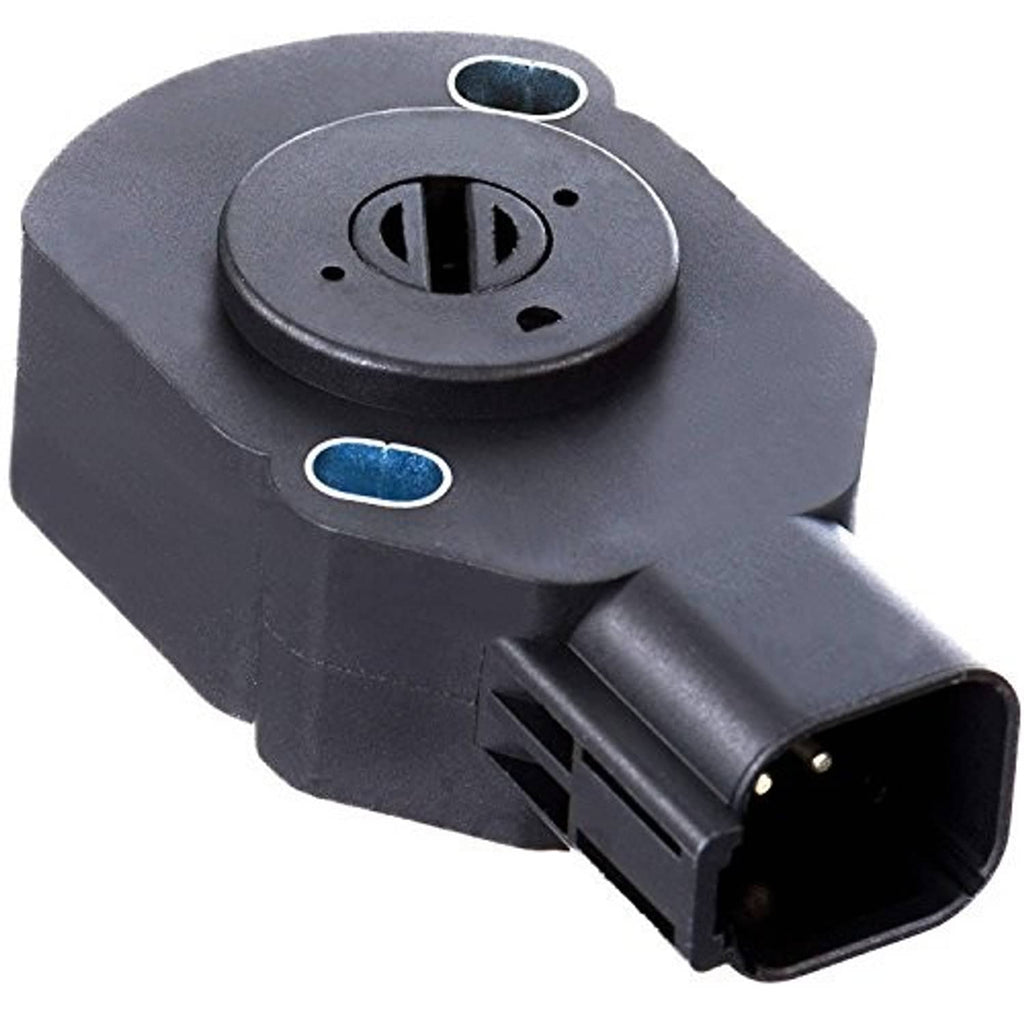 Dark gray throttle position sensor with blue marking and 4-pin electrical connector