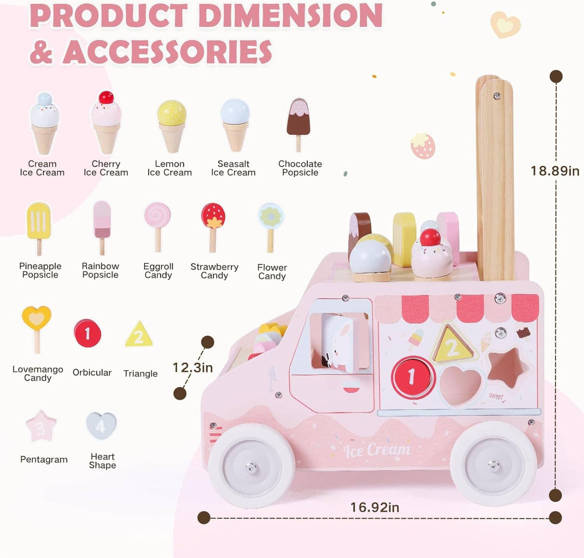 Pink wooden push activity walker with ice-cream accessory pieces and red wooden handle