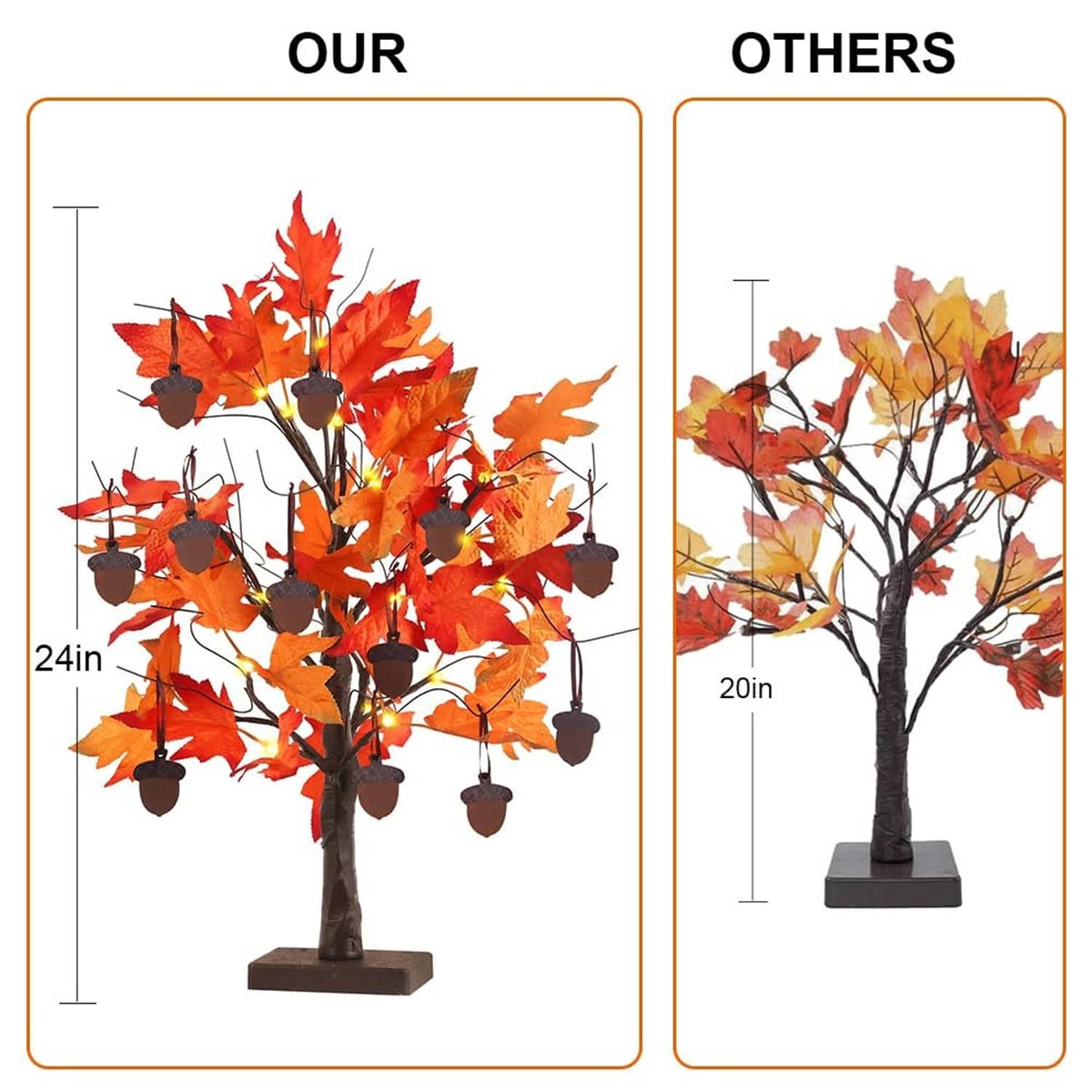 Fall tree decoration size chart showing 24 in orange maple leaves and acorn lights
