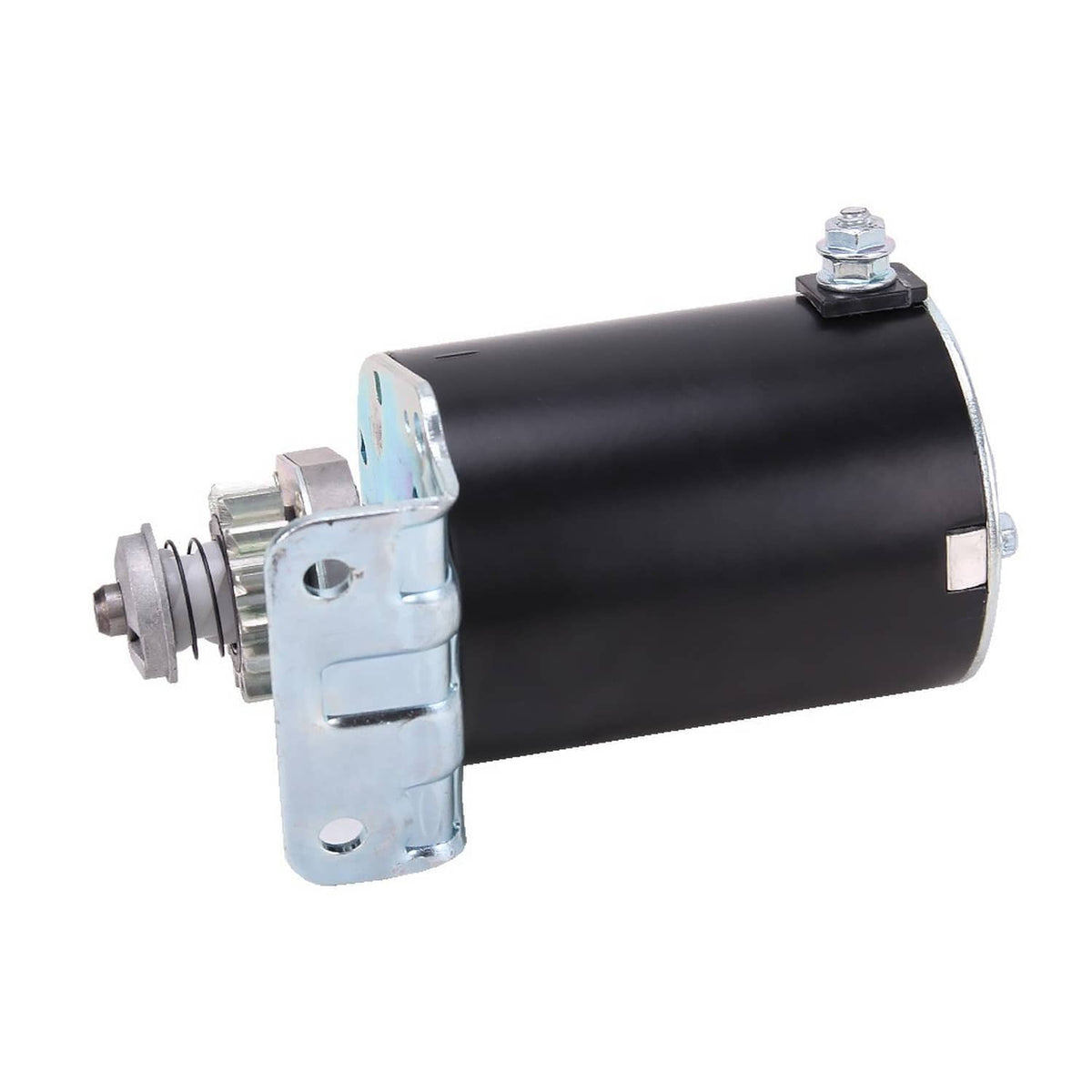 Small engine starter motor side view with black housing, stud connection and bracket