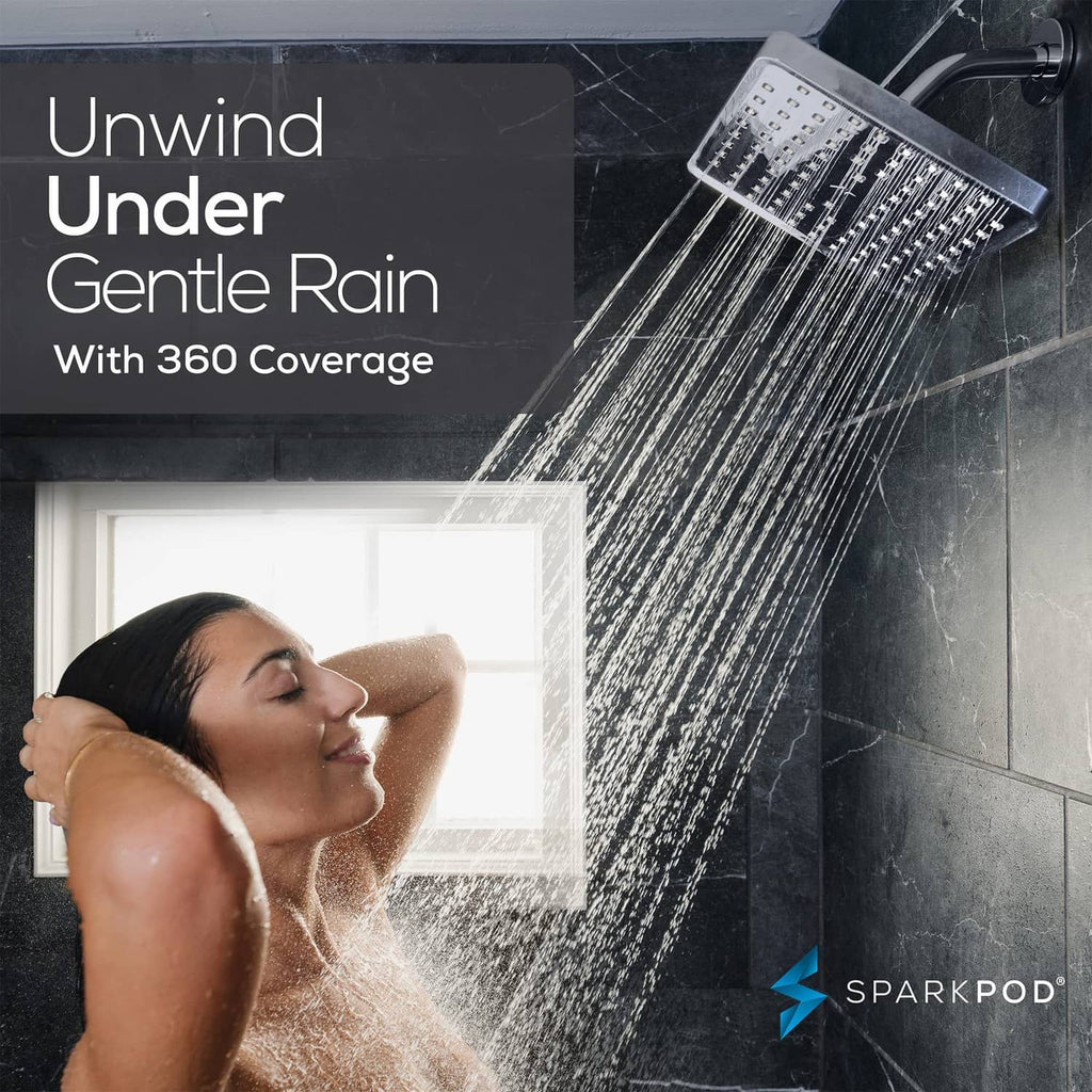 Charcoal square rain shower head with wide 360-degree spray pattern