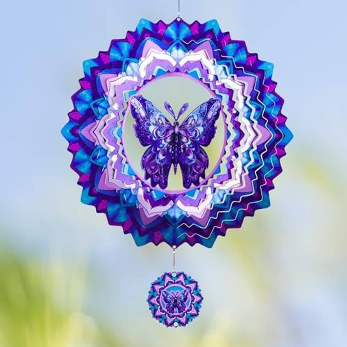 Butterfly wind spinner rosette with purple butterfly center and small hanging pendant
