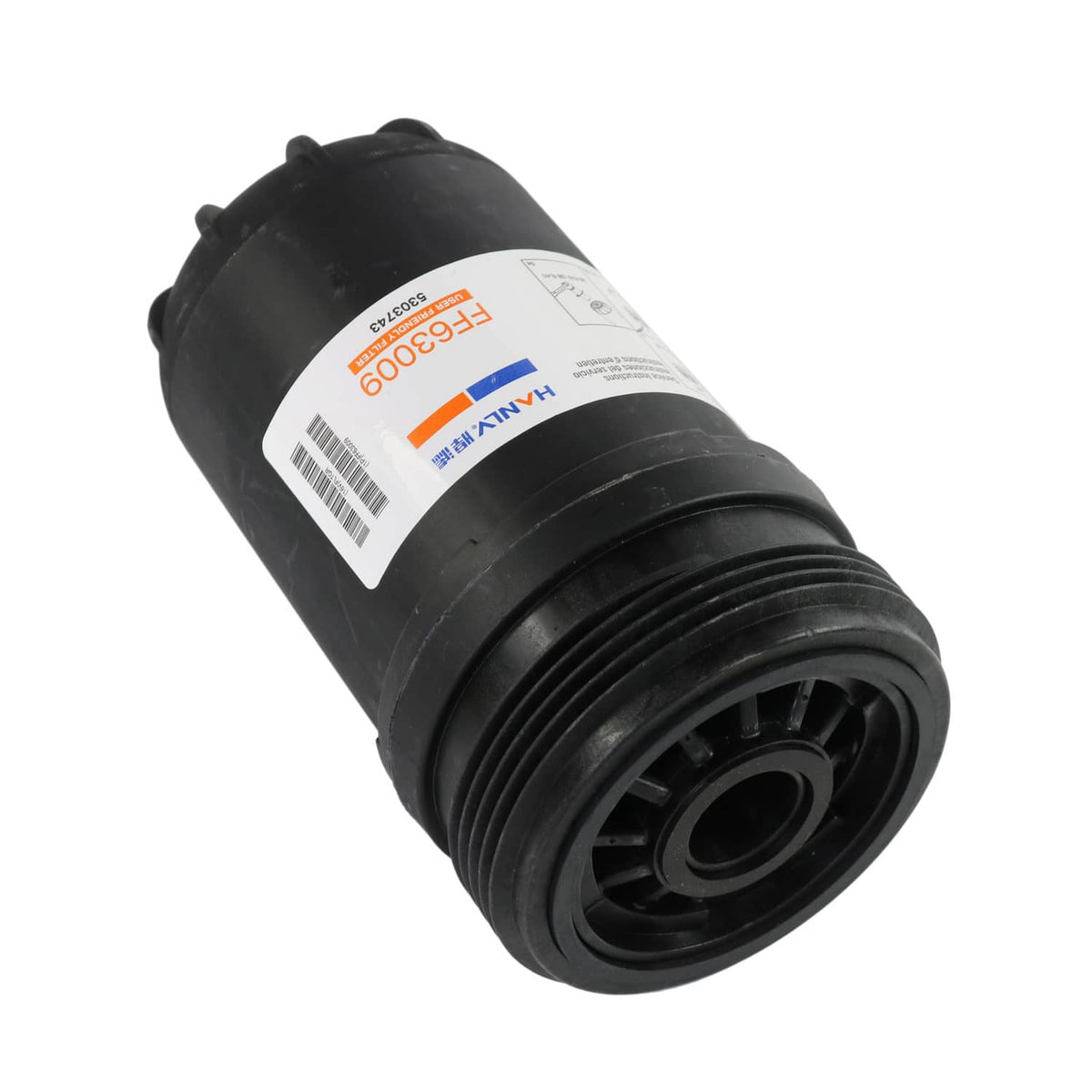 Black fuel filter angled view with white label sticker