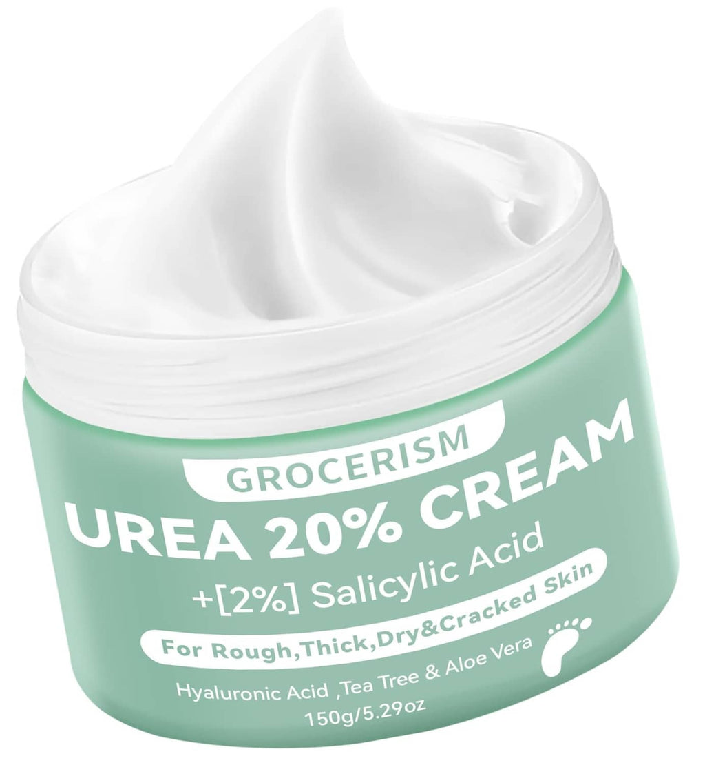 Urea 20% cream jar with white screw-top lid, for rough, dry feet and calluses.