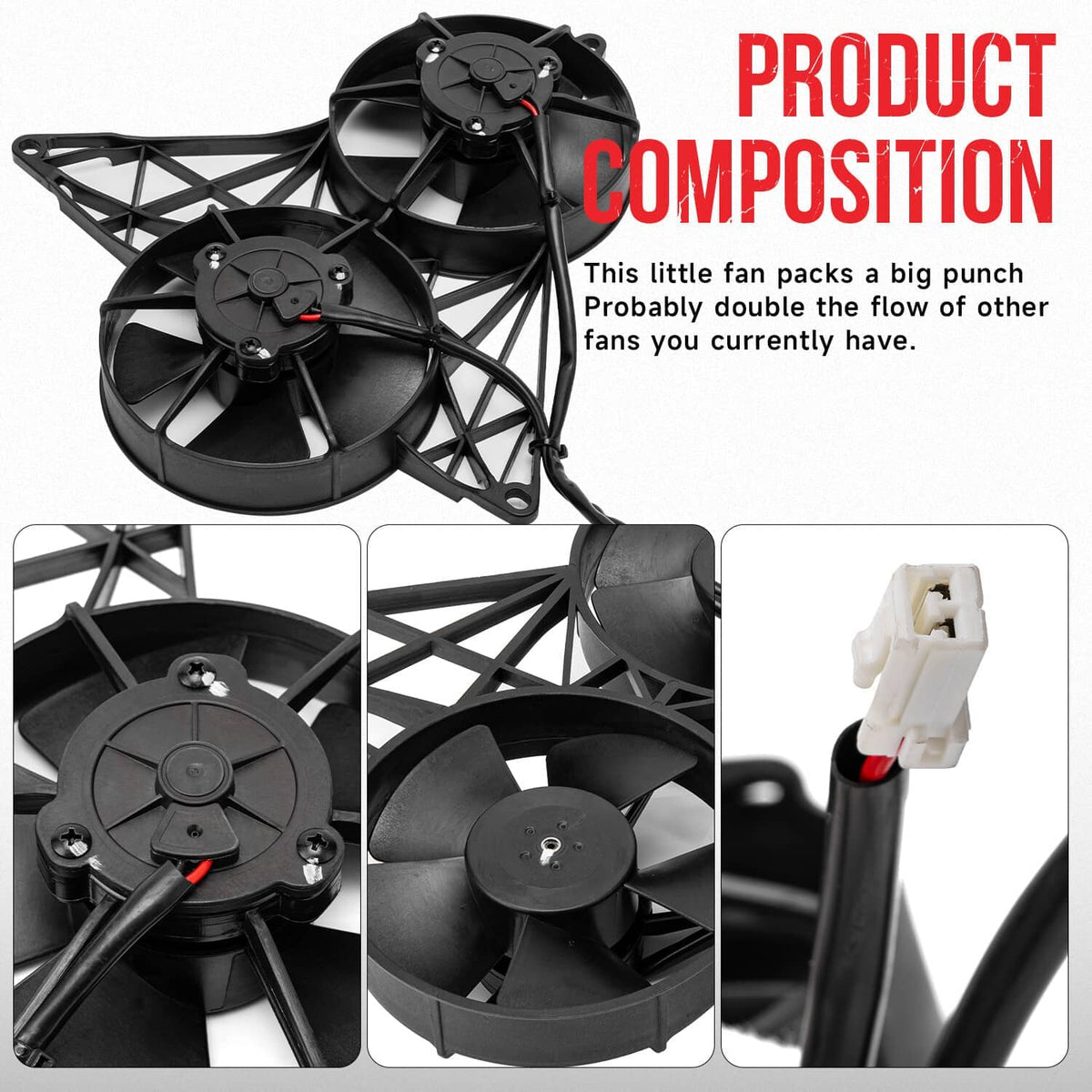 Black dual radiator fan kit with mounting bracket and labeled product composition view