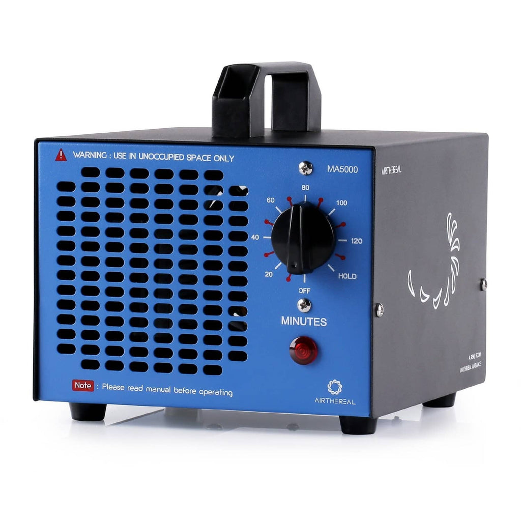Ozone generator unit with blue control panel and front warning label