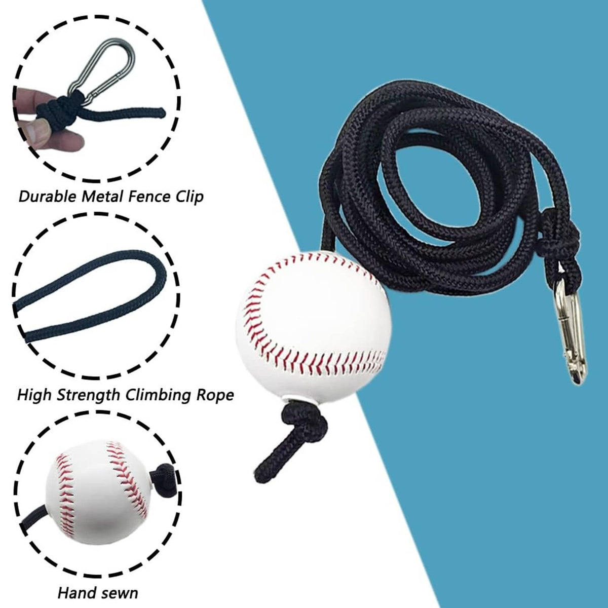 Baseball batting training rope with durable metal fence clip and hand-sewn ball