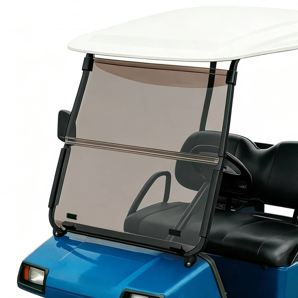 Tinted folding golf cart windscreen with dark mounting brackets and clear frame