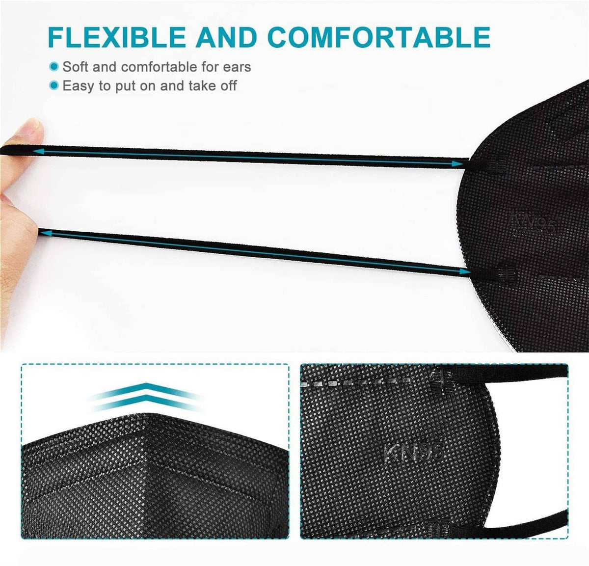 Black KN95 face mask with flexible ear loops and textured filter fabric