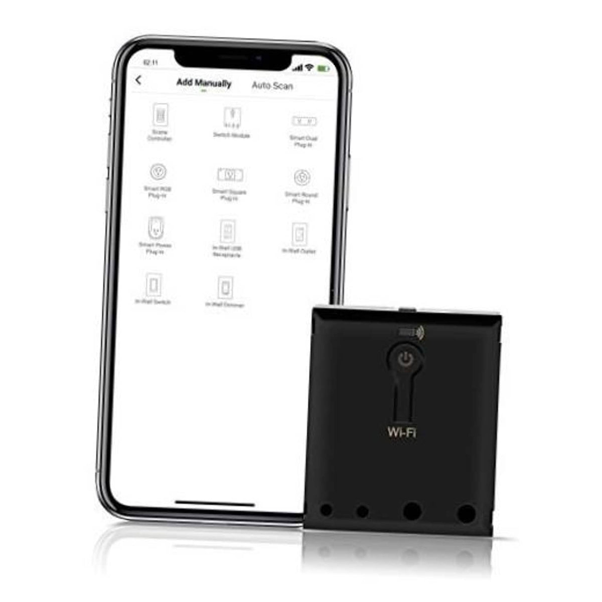 Black Wi‑Fi relay switch module with power button and Wi‑Fi indicator LEDs