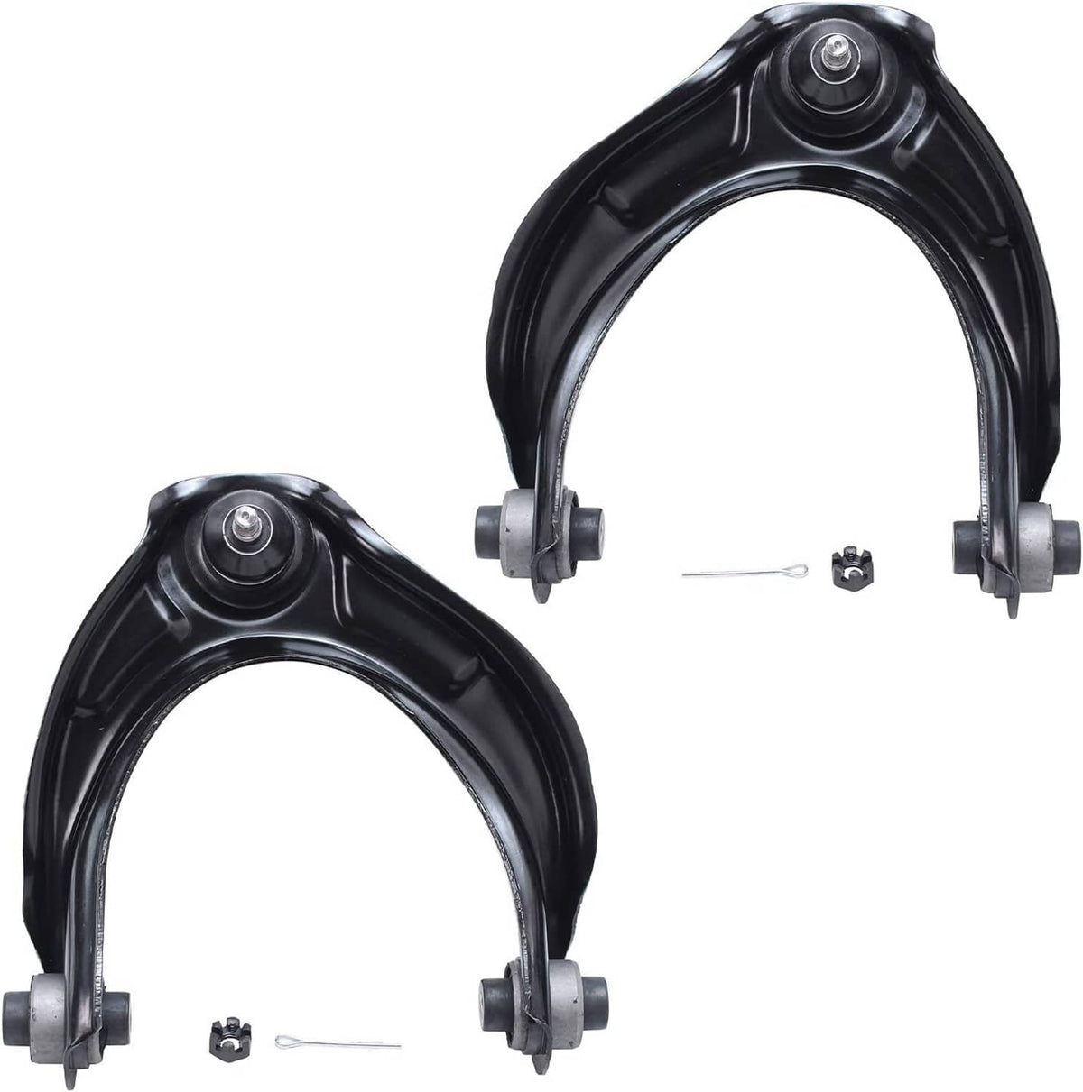 Two black suspension control arms with bushings and mounting hardware pieces