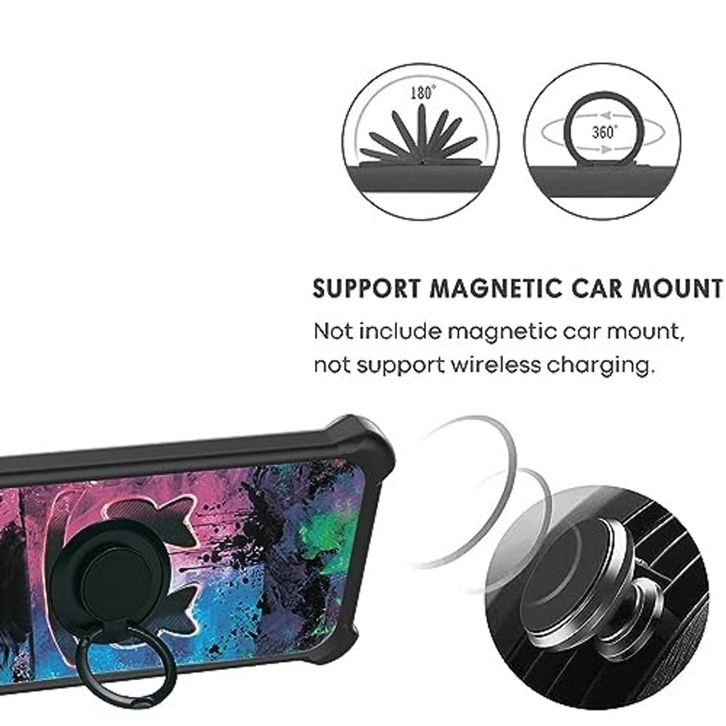 Phone case with black rugged frame, colorful abstract print, and magnetic car mount disc.