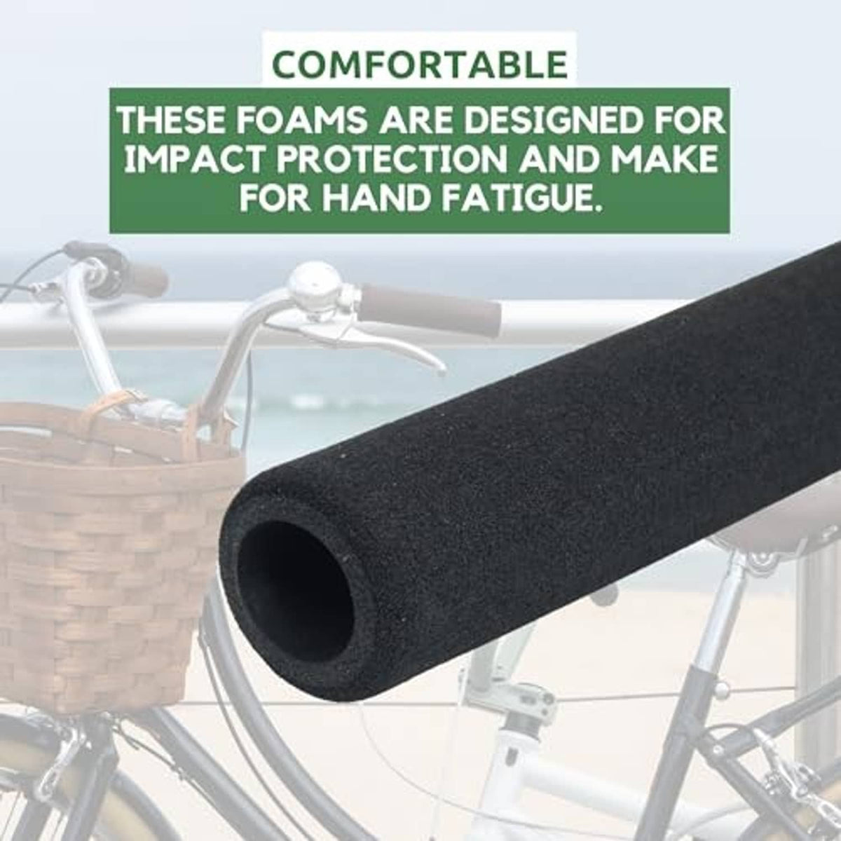 Black foam bicycle grip mounted on handlebar, thick cushioned cover with open end