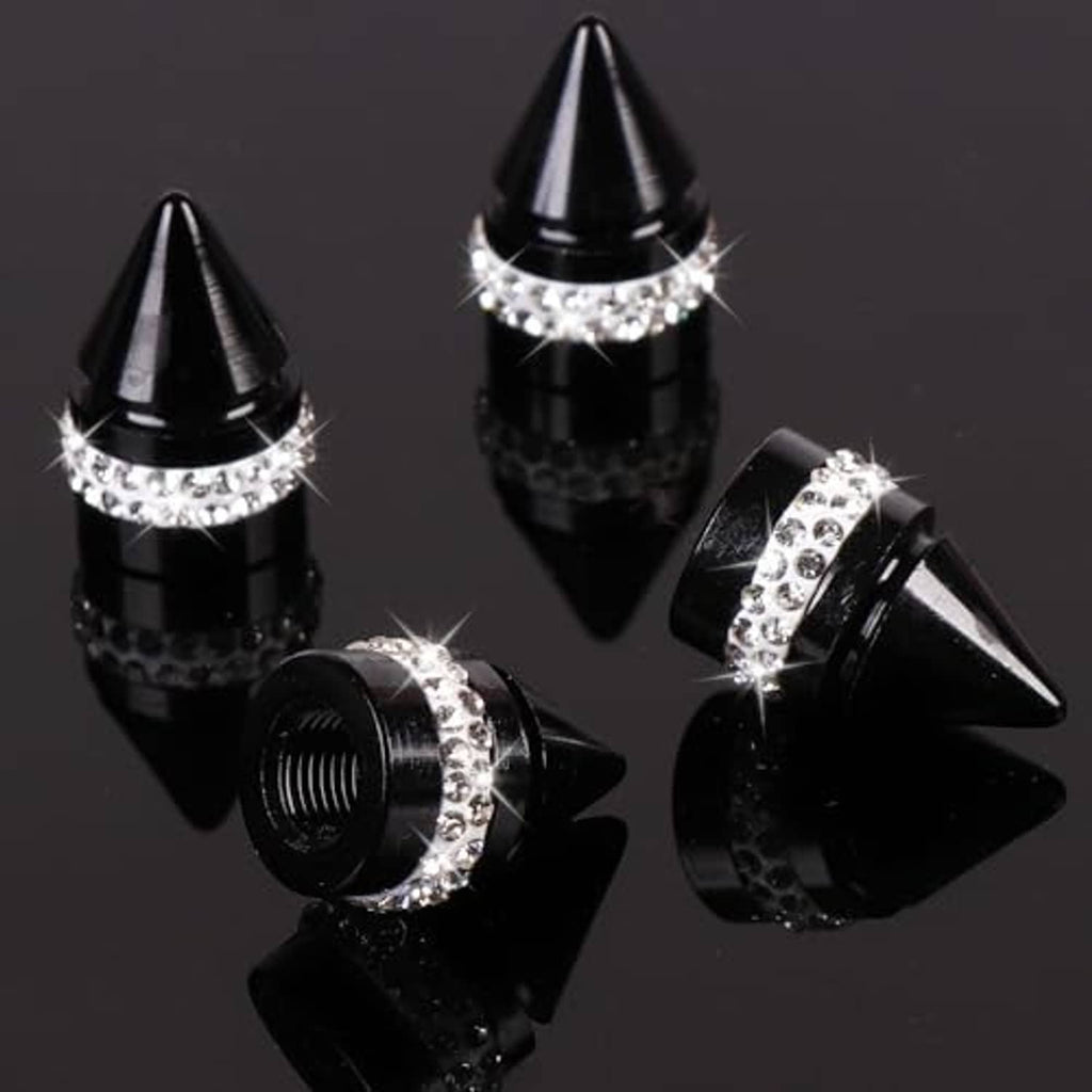 Black cone tire valve caps with silver rhinestone band and sparkling crystal details