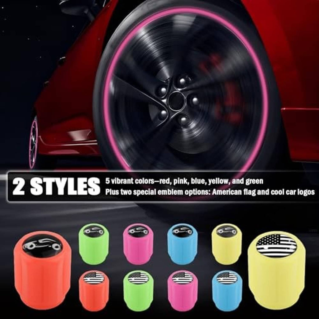 Tire valve caps in red, pink, blue, yellow, and green with a US flag style cap