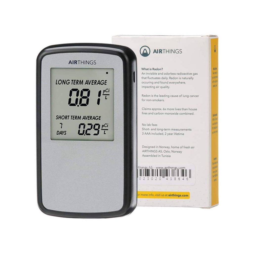 Black portable radon detector and retail package with LCD long/short term readings