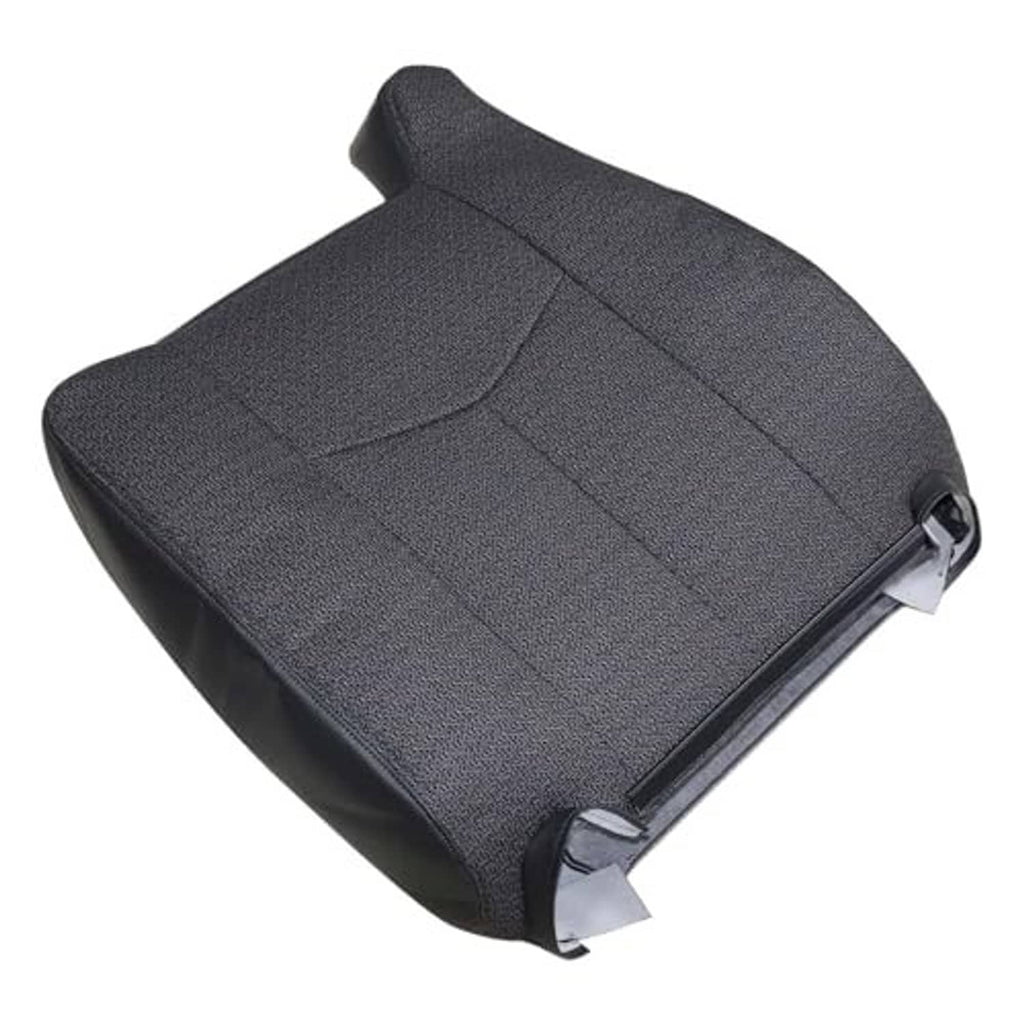 Dark gray front driver side seat bottom cover with curved edges and stitched panel lines