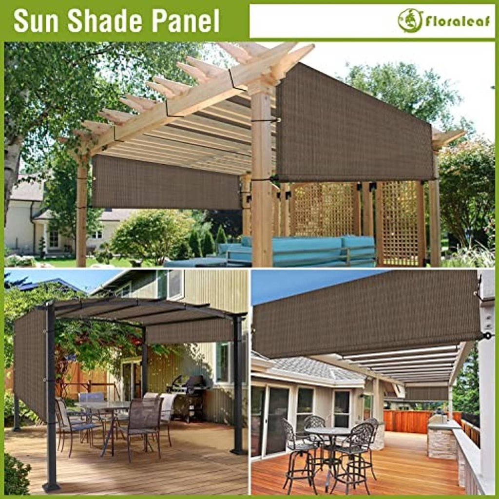Brown pergola shade cover canopy with fabric panels over outdoor seating, wood support posts