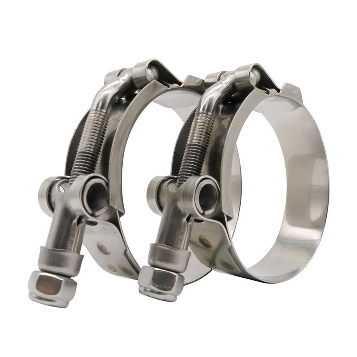 Stainless steel T-bolt hose clamps, 2-pack, wide band with spring-tension bolt