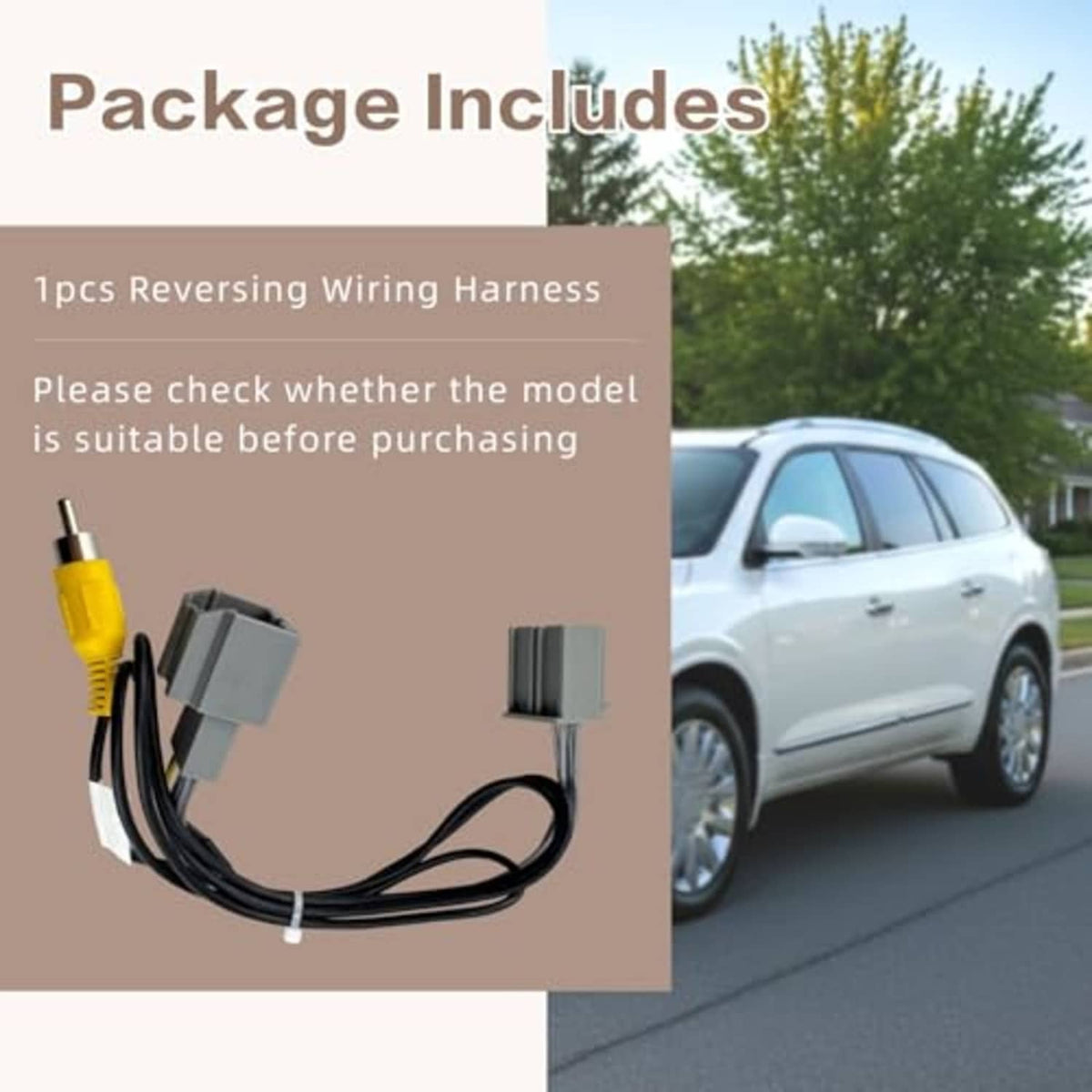 Backup camera wiring harness with yellow RCA-style plug and grey multi-pin connectors