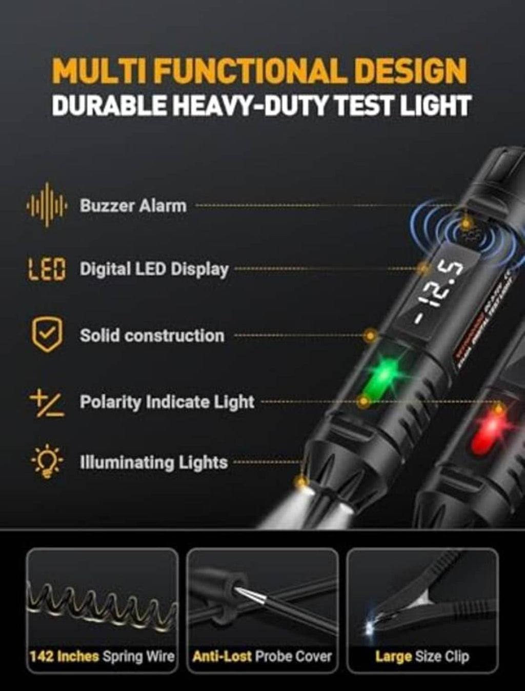 Digital circuit tester with green polarity light, LED display, black coiled cable and clips
