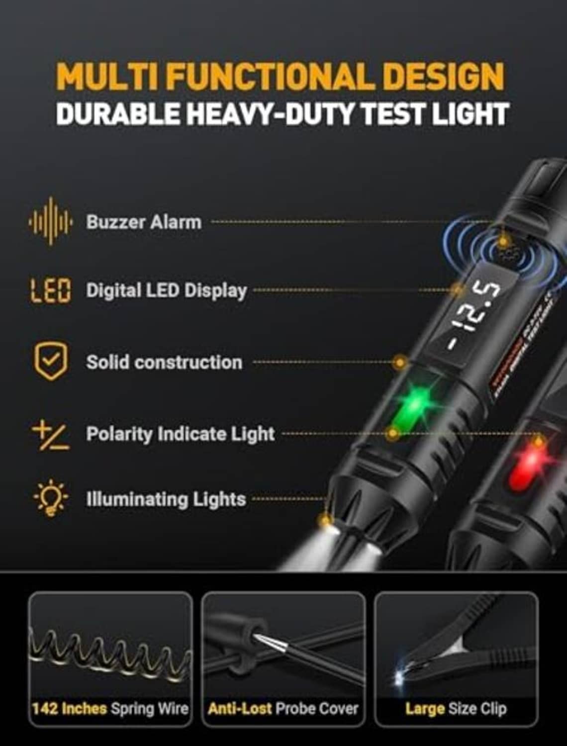 Digital circuit tester with green polarity light, LED display, black coiled cable and clips