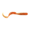 Orange tiger soft plastic worm lure with curved tail and speckled black spots