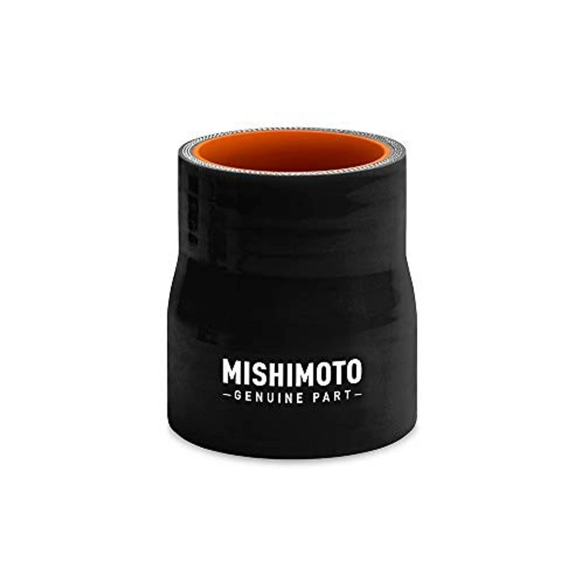 Black silicone transition coupler, upright view; MISHIMOTO logo and orange opening