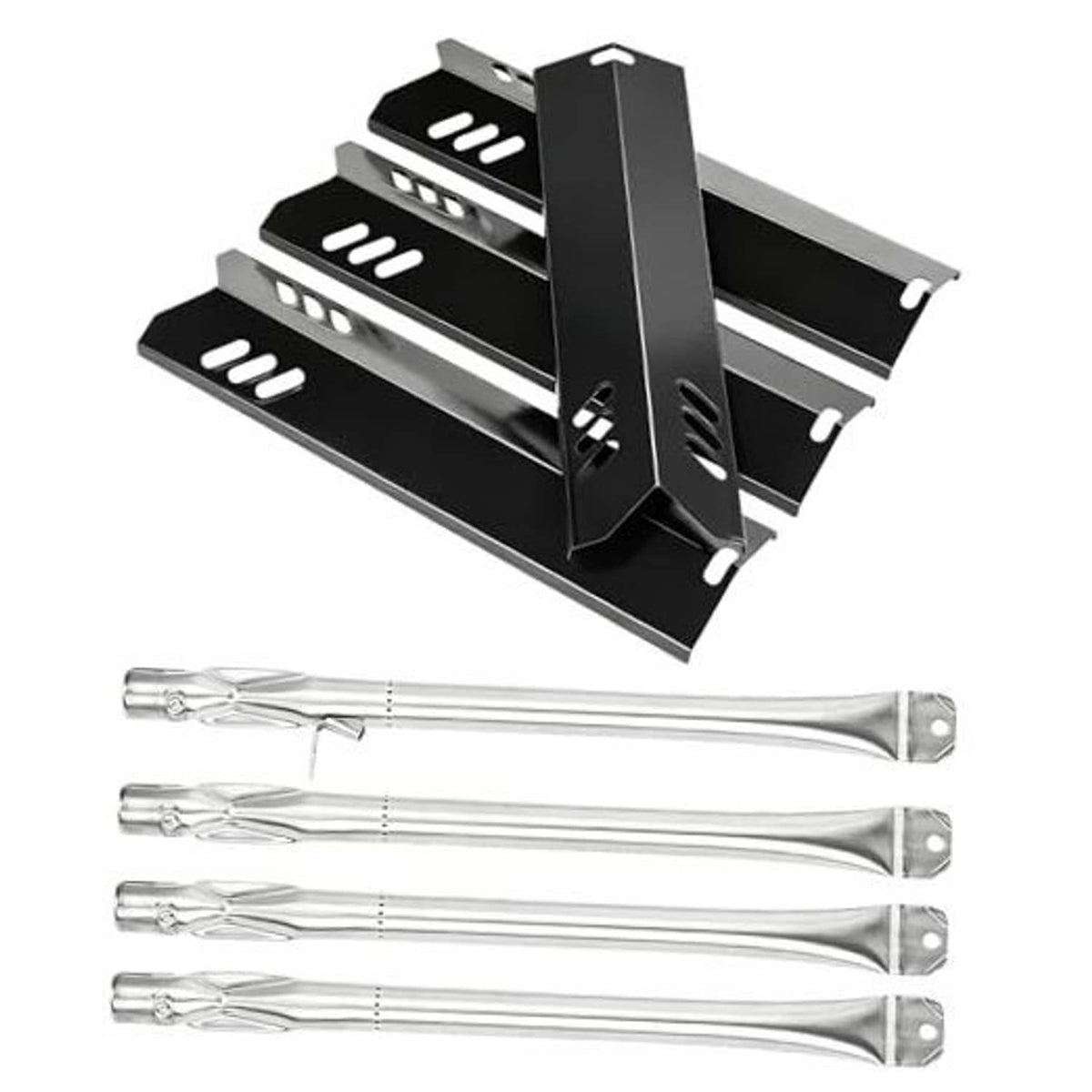 Black grill burner heat plates with four stainless burner tubes and mounting brackets