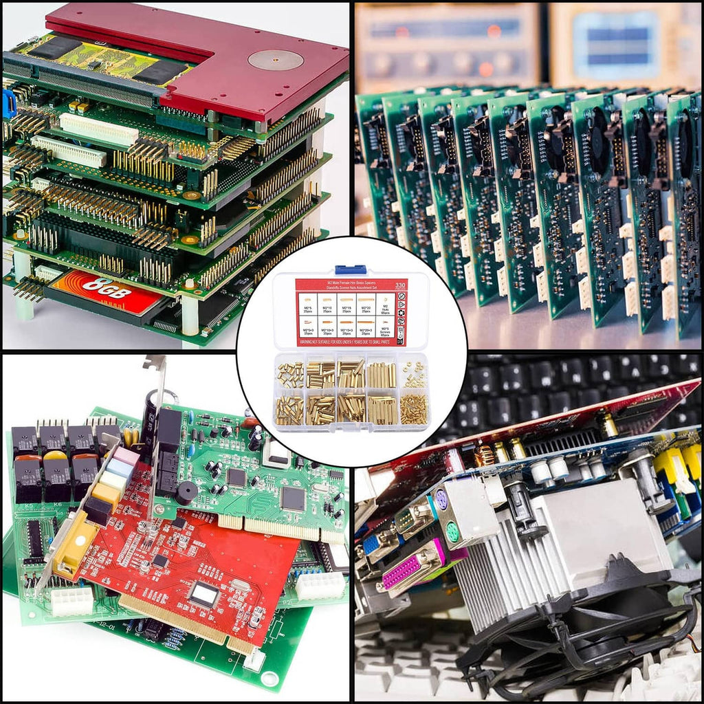 Brass M2 standoff kit shown with circuit boards and connection hardware