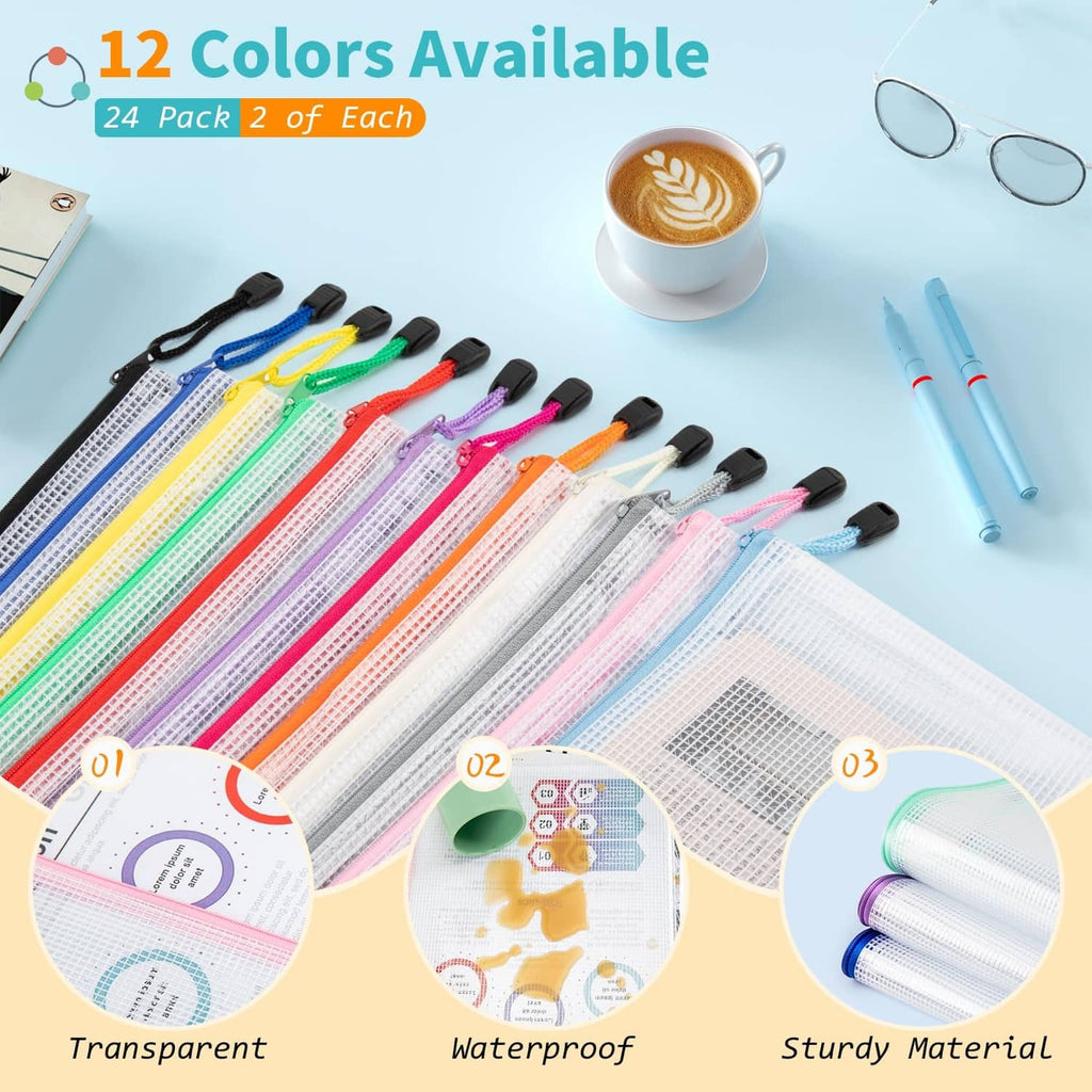 24-pack A4 zipper pouches in 12 colors, transparent with black zipper pulls