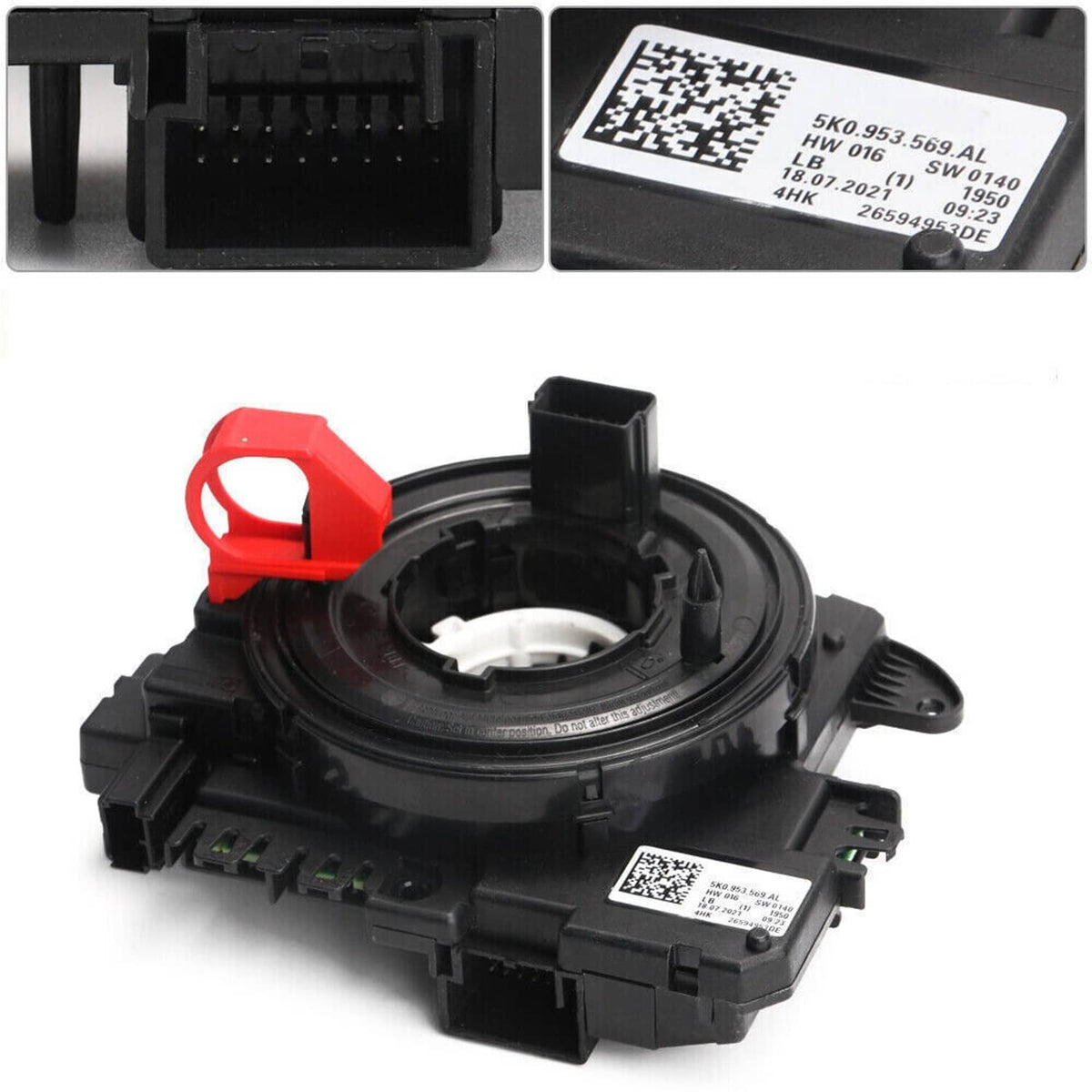 Black clock spring module with red latch and visible barcode label on housing