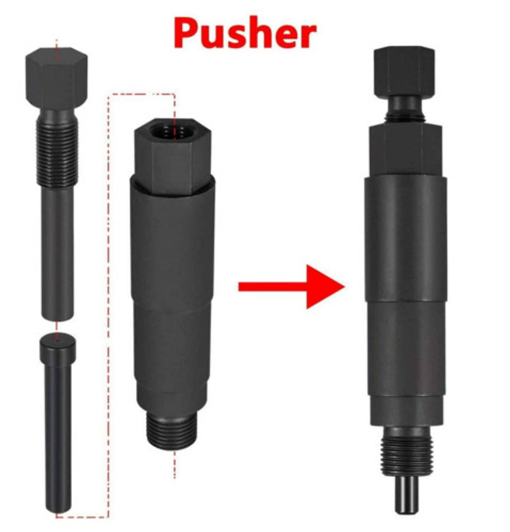 Spark plug pusher tool assembly showing pusher end and threaded rod