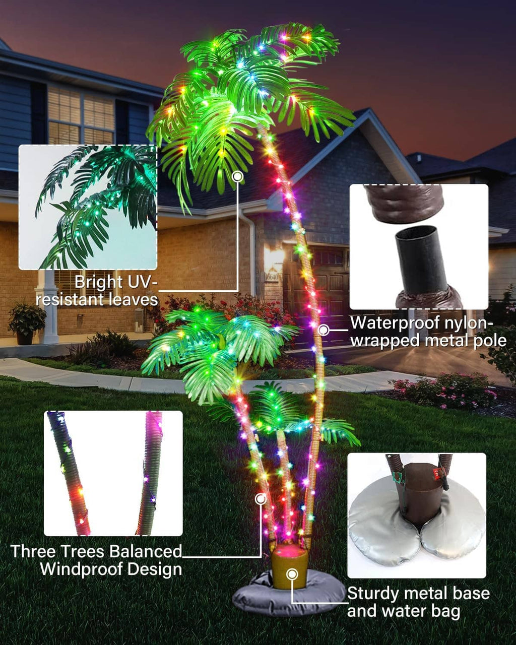 RGB lighted palm tree with waterproof nylon wrap base and smartphone remote callouts