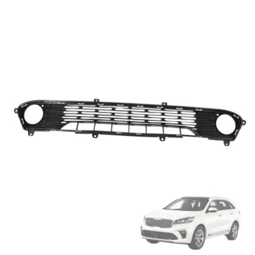 Front bumper lower grille, black plastic with horizontal slats and two round openings