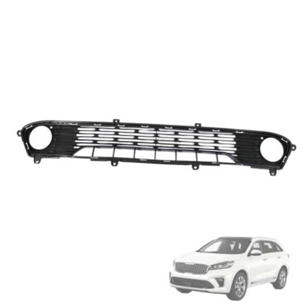 Front bumper lower grille, black plastic with horizontal slats and two round openings