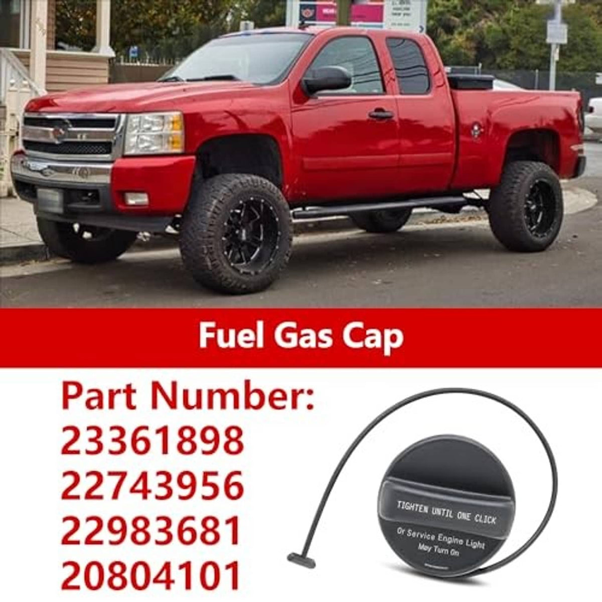 Black fuel gas cap shown on a vehicle; top shows tightening instruction text